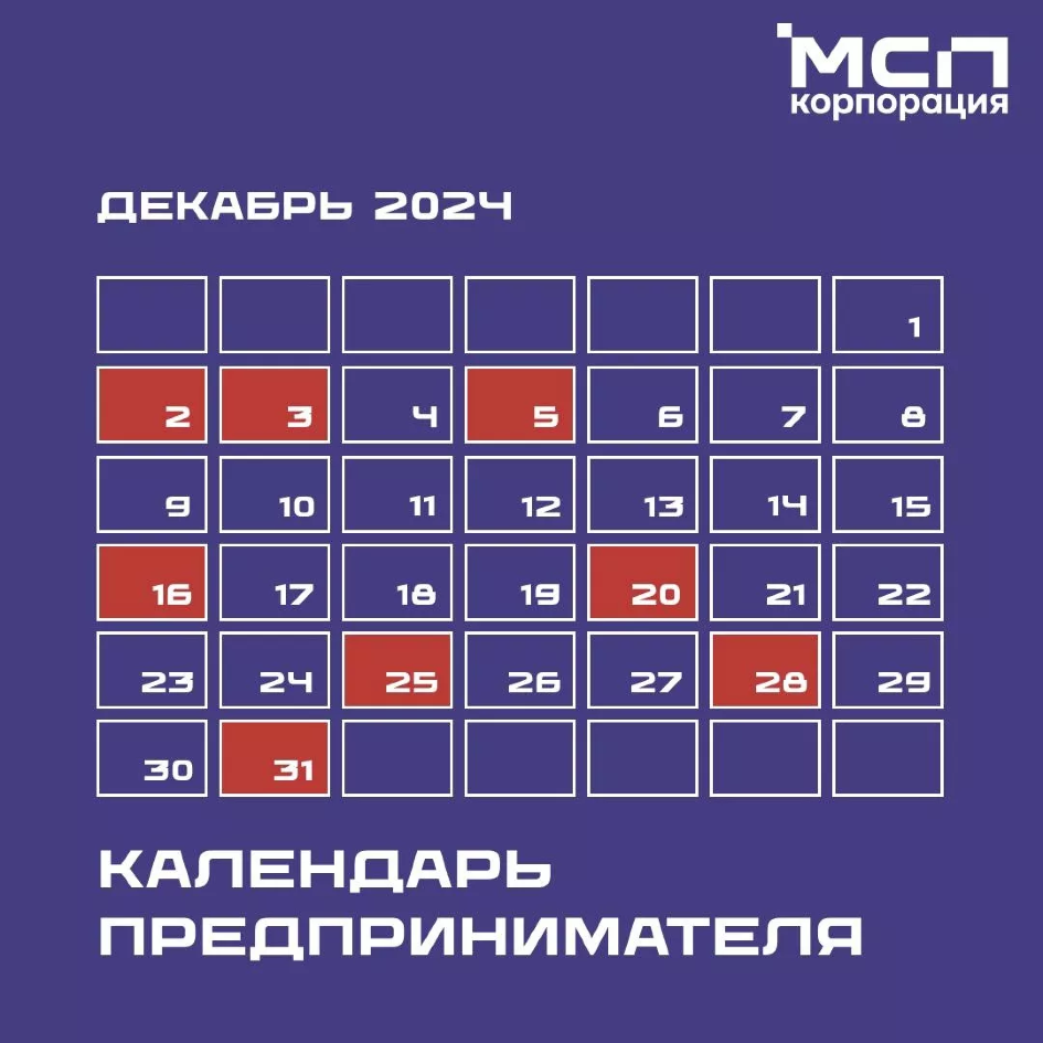 Календарь предпринимателя на декабрь 2024 года